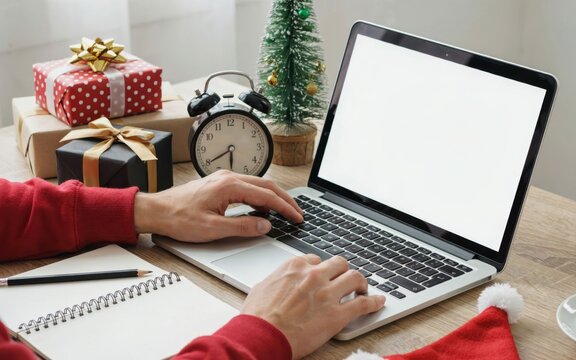 Person working on laptop with christmas decorations