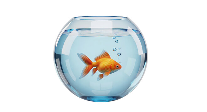 A solitary golden fish glides peacefully within its pristine clear glass bowl, a tranquil and vibrant scene showcasing confined aquatic life