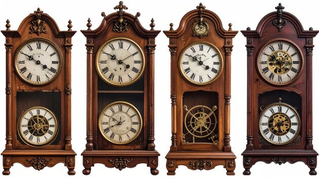 Row of antique wooden pendulum wall clocks.