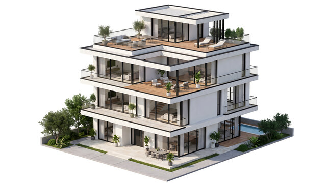 Modern luxury apartment building exterior with balconies and rooftop terrace isolated on black background