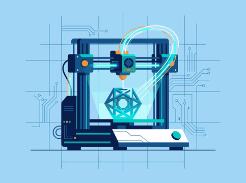 Vector illustration of a desktop 3D printer manufacturing a complex geometric structure on a blue background with digital circuit board lines and glowing technical elements.