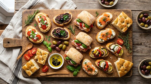 Delicious assorted bruschetta and sandwiches on a wooden cutting board for a gourmet party appetizer. Sandwich appetizer ideas
