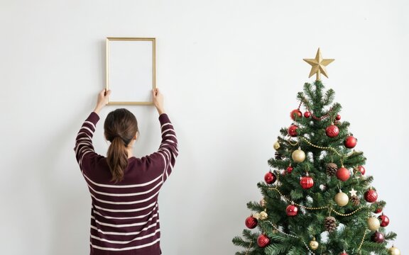 Woman hanging an empty picture frame on a white wall