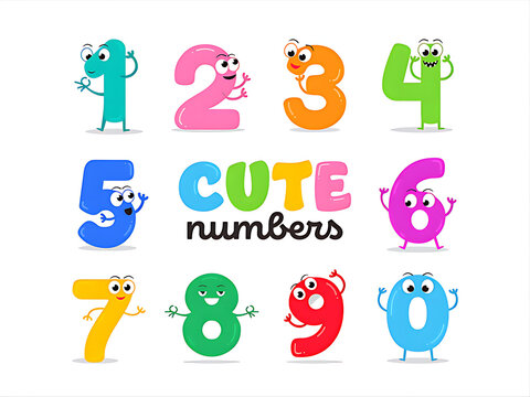 Cute Cartoon Numbers Character Set 0 to 9 for Kids Education.