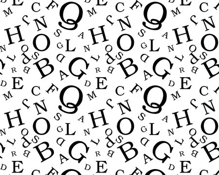 Seamless pattern of random black typography letters on white background.
