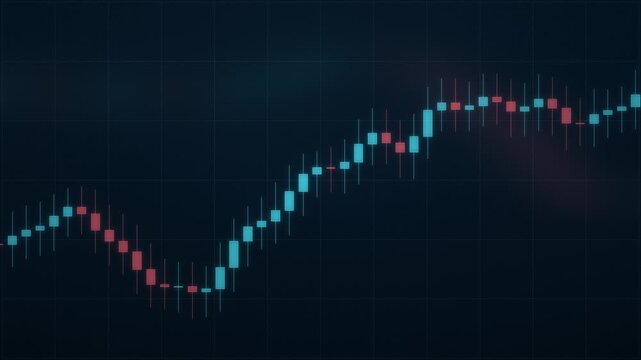 Financial stock market candlestick chart, digital trading data visualization, blue and red investment growth graph on dark background