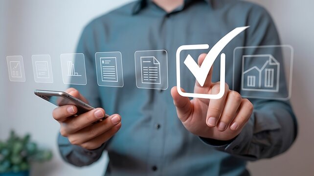 Businessman checking a virtual document on a digital screen with a smartphone in hand
