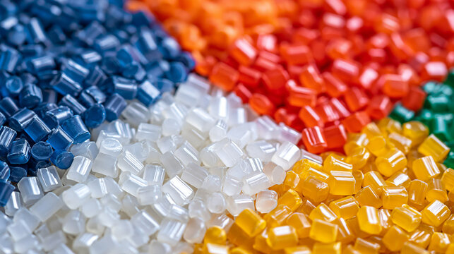 Colorful plastic polymer granules in bright shades arranged for industrial manufacturing. Perfect texture background for polymer science and chemical industry concepts.
