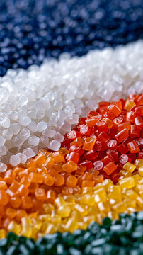 Colorful plastic pellets arranged in textured diagonal stripes under bright studio lighting. Ideal for industrial manufacturing and material science concepts.
