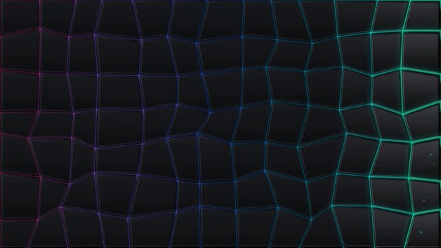 Abstract dark polygonal grid background with glowing neon color wave moving across the screen