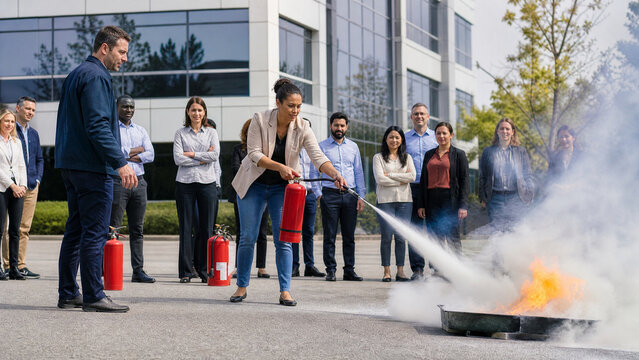 Fire safety training at office, diverse employees practicing with fire extinguishers, corporate emergency drill outdoors