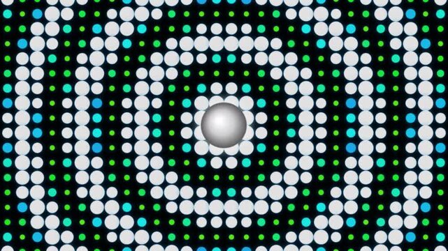 Abstract halftone dot pattern background with a shiny central sphere pulsating in seamless loop