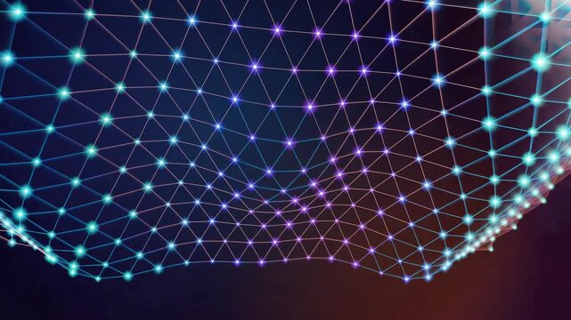 Futuristic glowing digital plexus wave network grid of colorful blue and purple neon node links