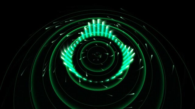Glowing neon green circular audio waveform music visualizer radiating particle spectrum animation