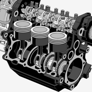 Car Engine Internal Components and Pistons Technical Illustration