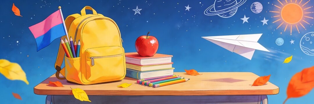 Back to school concept with yellow backpack, books, apple and paper plane on wooden desk.