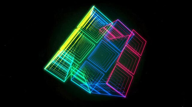 Glowing Neon Wireframe Cube Rotating on Black Background Retro Cyberpunk 3D Motion Graphic Loop