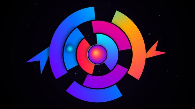 Vibrant Rotating Segmented Circles Motion Graphic Loop with Glowing Central Sphere on Black Backgrou