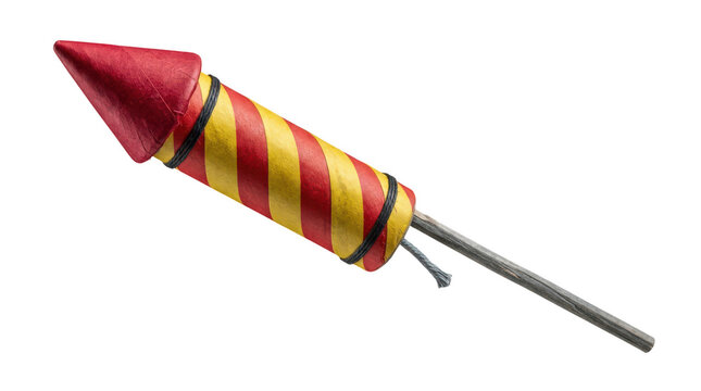 A single red and yellow striped firework rocket with a wooden stick, isolated on transparent background