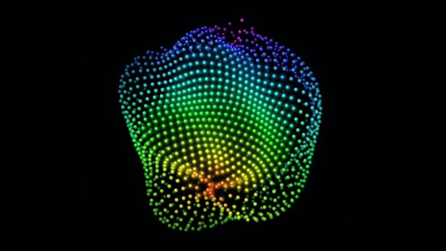 Rotating colorful particle sphere morphing into abstract organic shapes on black background