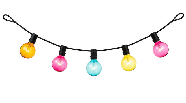 A string of colorful decorative globe light bulbs, isolated on transparent background