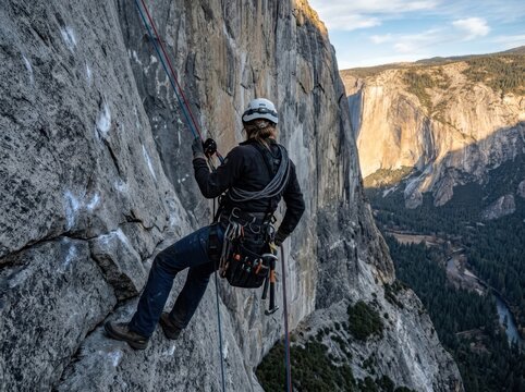 Alpinist Ascending Granite Wall Above Mountain Valley