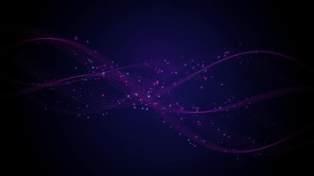 Abstract purple light waves with glowing particles. Elegant violet flowing lines on dark background. Cinematic motion graphics for luxury branding.