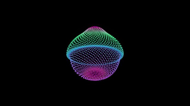 Abstract digital sphere of glowing colorful dots, rotating neon particle orb on black background, futuristic data visualization element