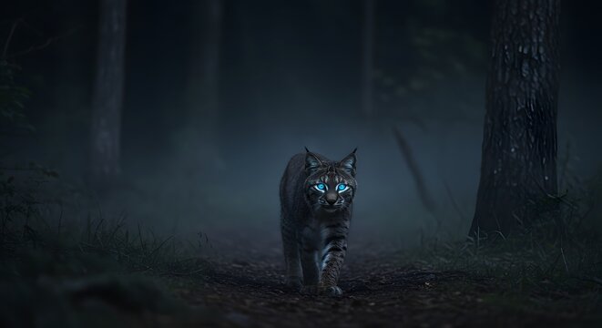 Wildcat with Glowing Blue Eyes Walking Through Dark Foggy Forest at Night