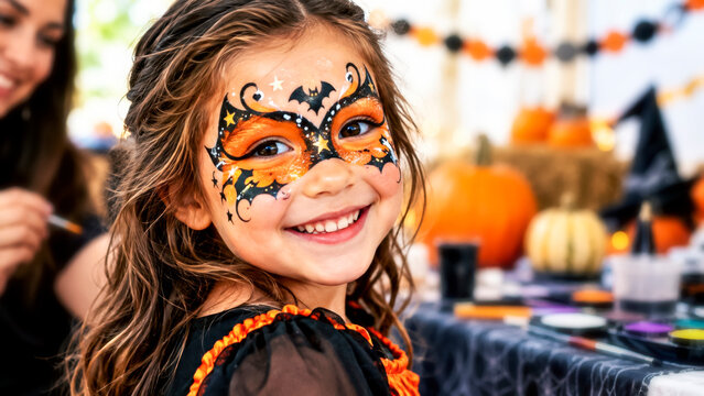 Smiling Girl with Halloween Face Paint at Kids Party with Pumpkins and Festive Decorations in Background