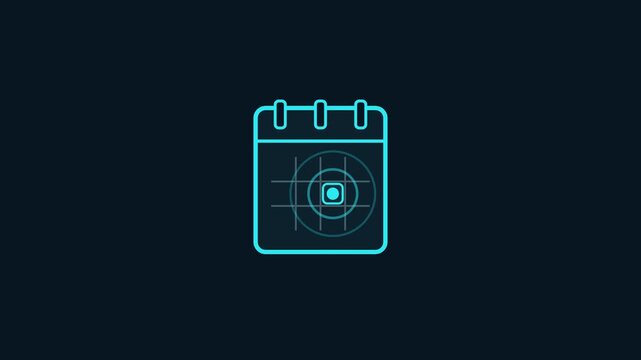 Blue glowing neon calendar icon with target crosshair symbol for deadline scheduling and strategic business time management on dark background