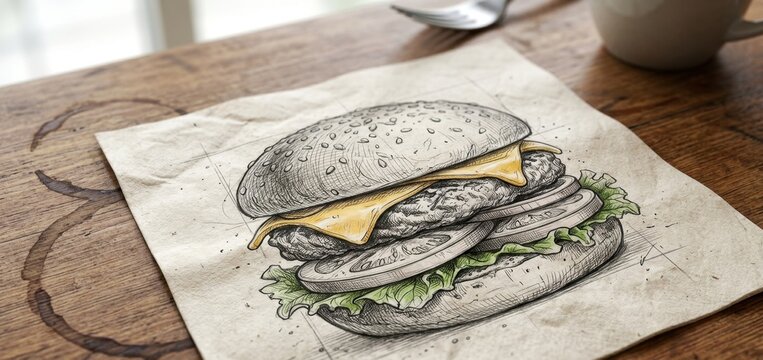 Fresh burger sketch draw with cheese color concept illustration