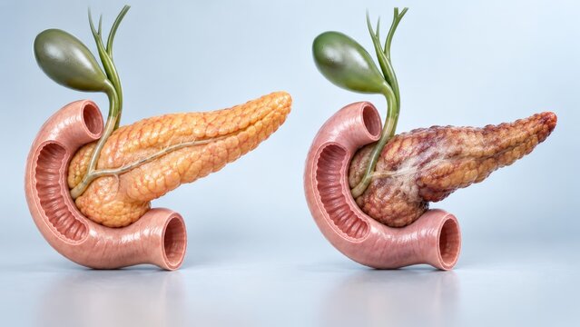 Healthy and diseased pancreas comparison with gallbladder and duodenum anatomy. 3D medical illustration of pancreatitis, cancer and