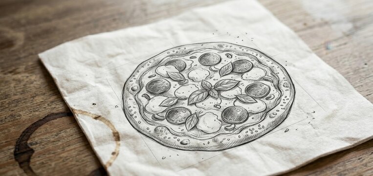 Draw of a pizza pencil drawing sketching on napkin concept art