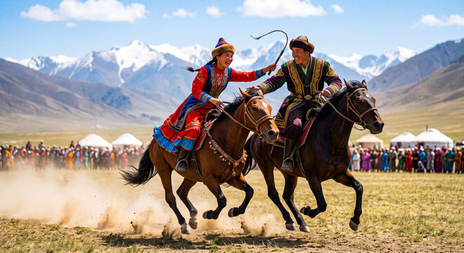 Kazakh Riders Racing During Traditional Kyz Kuar Festival Game