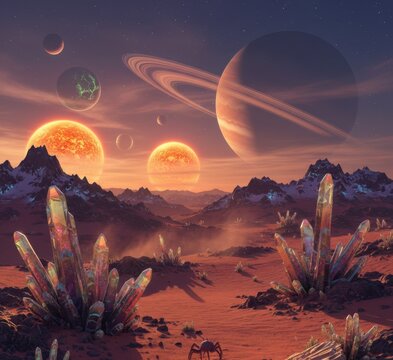 Sunset over field landscape concept alien world planet science fiction art