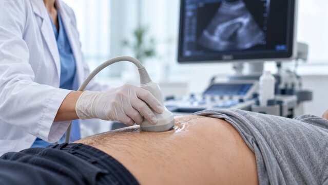 Doctor woman performing abdominal ultrasound examination on man patient in clinic. Diagnostic scan of pancreas and internal organs. Prevention and treatment of gastrointestinal diseases concept.
