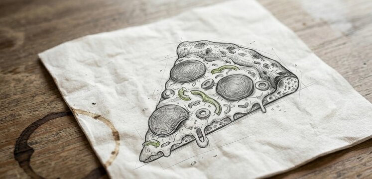 A sketch draw of slice pizza delicious food on napkin