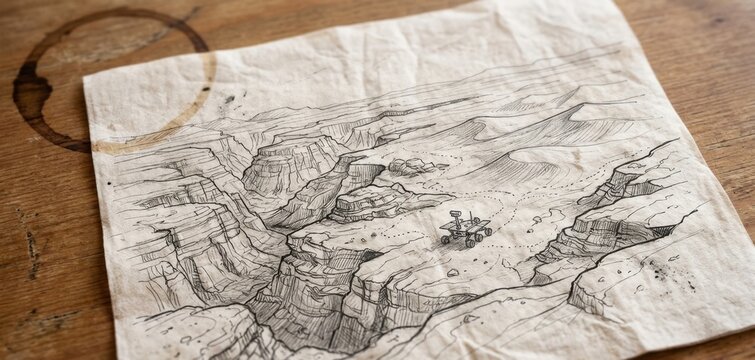 Draw of a landscape of Mars planet with rover on napkin concept