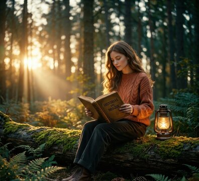 Young woman reading a book in the nature landscape concept life chillout