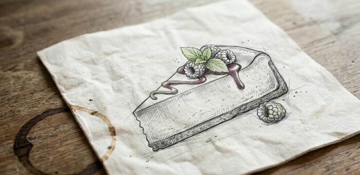 Sketch of piece pie cake food delicious cake concept on napkin
