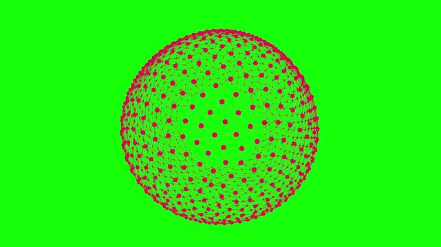 Rotating red wireframe sphere on green screen, 3D digital plexus globe, spinning geometric mesh ball for motion graphics
