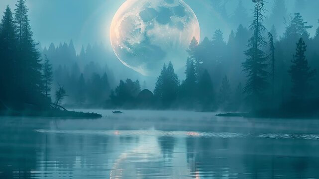 Full moon rising over a misty lake surrounded by a dense coniferous forest
