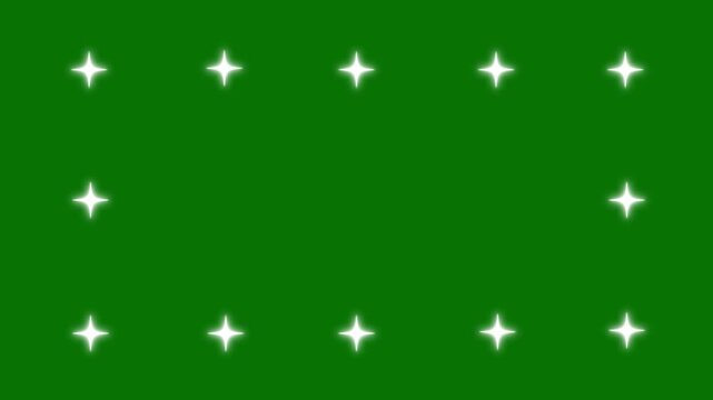 Shimmering fairy twinkle stars, glittering light sparkle animation, white cartoon, flat, vector, doodles style stars blinking, magical shine effect on green background, useful as photo frame,4K video