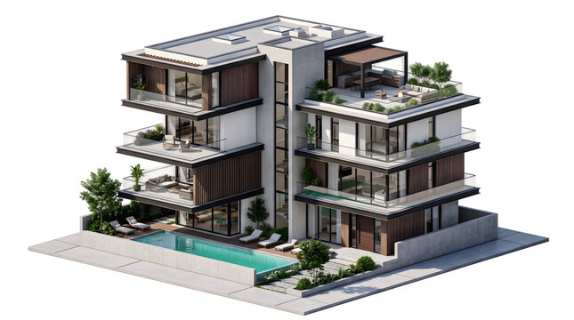 Modern luxury apartment building with swimming pool and rooftop terrace isolated on black background