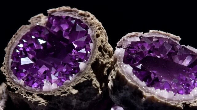 Deep purple amethyst geode halves displaying sparkling crystal clusters inside rough stone shells on a dark background.