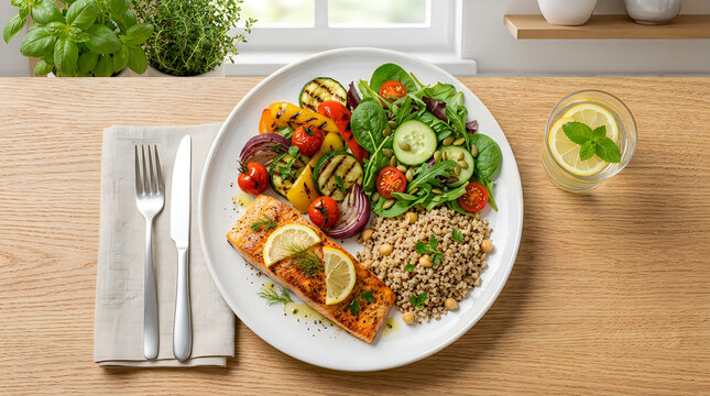 Healthy colorful salad plate with fork and knife