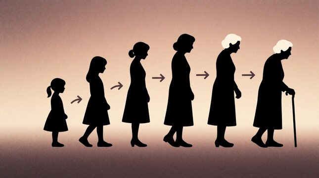 Silhouette sequence shows woman aging from girl to elder. Life stages progress in monochrome with gentle gradients. Progression from youth to old age, a human lifetime cycle.