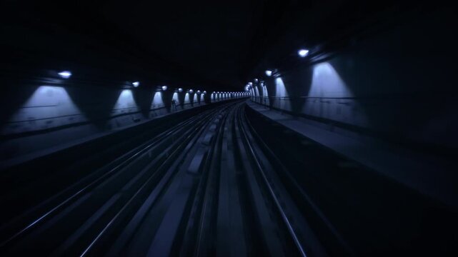 Front train POV moves forward through a dark underground metro tunnel illuminated by blue lamps toward a train on parallel tracks