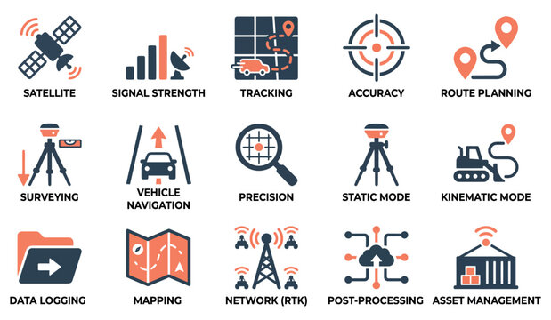 Set of gps and gnss technology icons representing satellite navigation surveying and data mapping systems Minimal solid fill icon set bundle collection. Editable Vector Illustration Mega icons pack